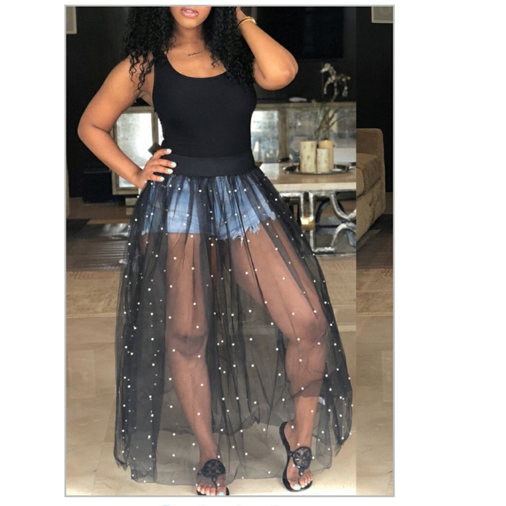 Black Sheer Maxi Dress w/Pearls